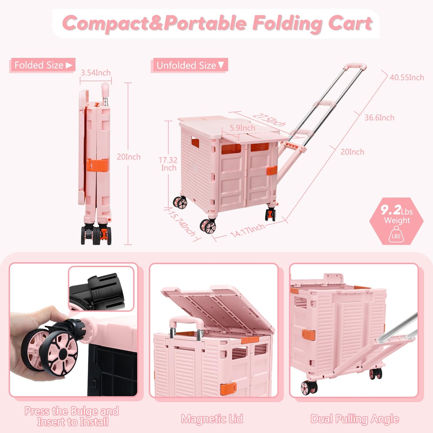 FELICON SELORSS Folding Utility Cart Rolling Crate Tote Basket Box Storage Handcart on 4 Swivel Wheels with Adjustable Handle Extended Magnetic Lid for Teacher Move Shop Travel Grocery Office(Pink)