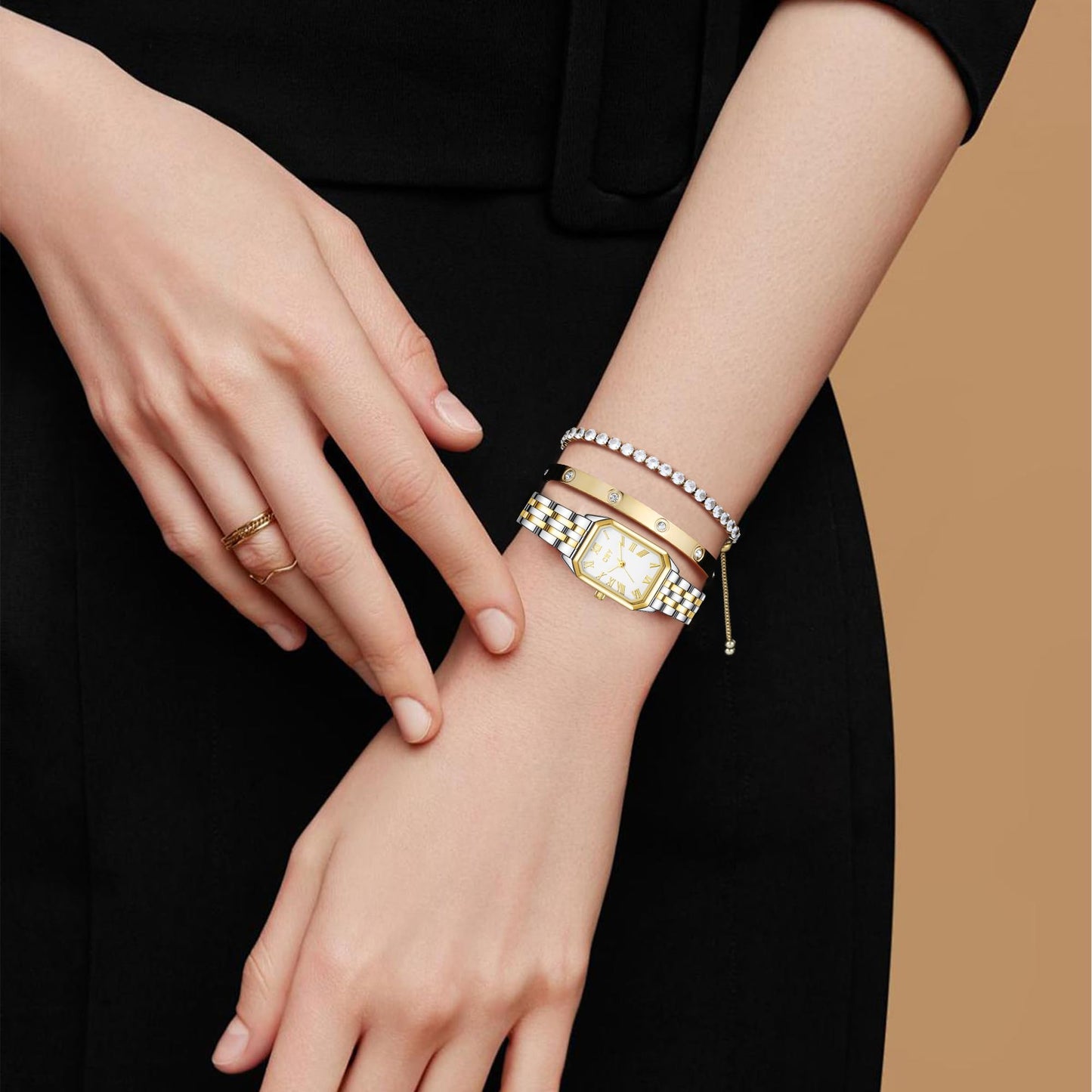 Gifts for Women Jewelry Set, 925 Silver Moissanite Necklace, Gold Watch Stainless Steel Bangle with Eternal Roses Wooden Gift Box Ideal for Mother's Day Birthday Anniversary Christmas Valentine's Day Wife Gift