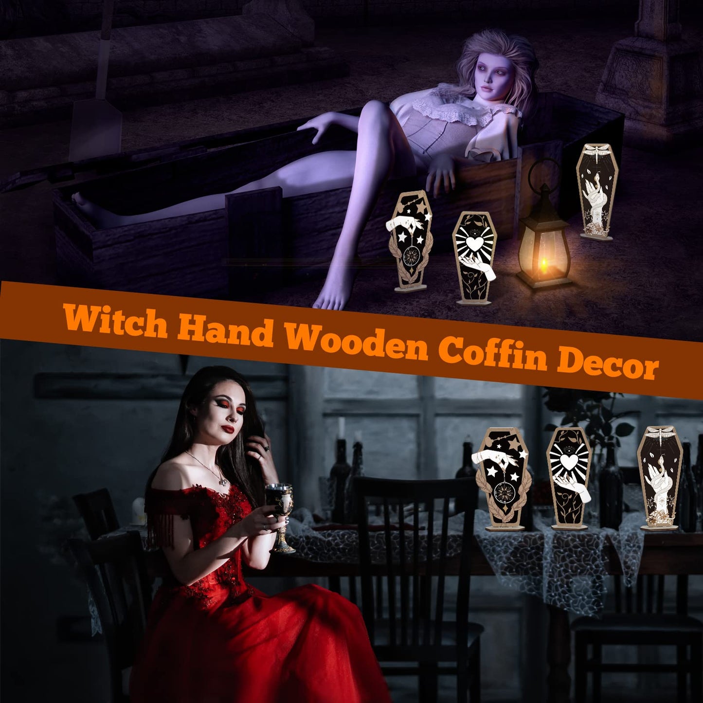 3-Piece Gothic Home Decor: Witch Hand Wooden Coffin Sign, Spooky Hands Stars Hearts Table Desk Accessories for Halloween Party Supplies