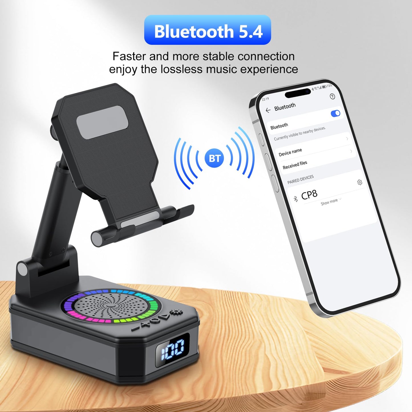 buwy Gifts for Men Women, Cell Phone Stand with Wireless Bluetooth Speaker, Colorful LED Lights, Anti-Slip Base HD Surround Sound, Rechargeable (3000mAh), for Teens, Men, Women for Christmas