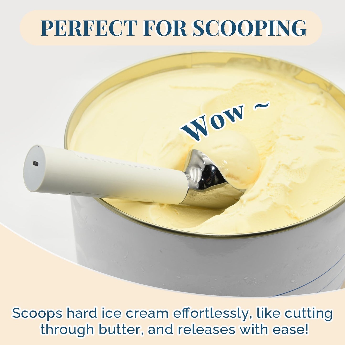 Heated Ice Cream Scoop Rechargeable, Electric Warming Ice Cream Scooper with LED Display, Heats to 158°F for Hard Ice Cream, Easy for Seniors & Kids, IP67 Waterproof (White, 2 oz)