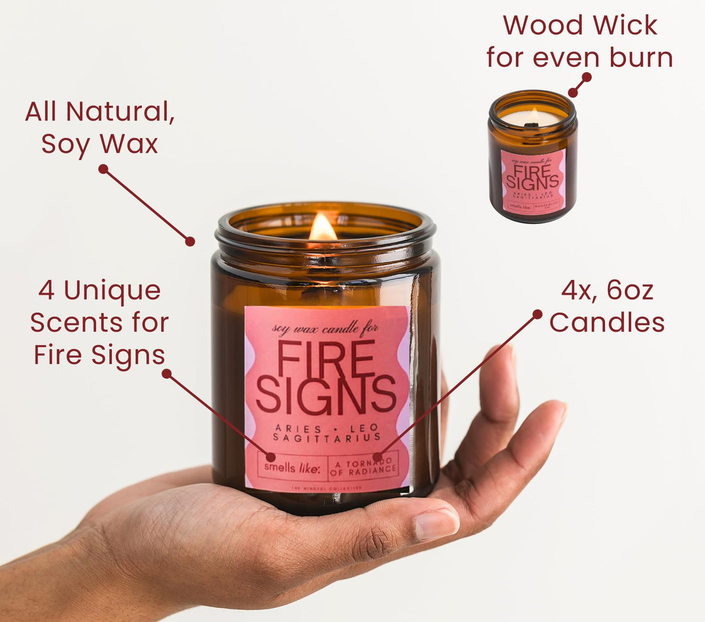 Aries, Leo, Sagittarius Gifts for Women - Wood Wick Candles, 4 Pack Small Scented Candles Set for Women. 6oz Natural Soy Wax, Aromatherapy Set for Home. Zodiac Astrology Birthday Spiritual Gifts