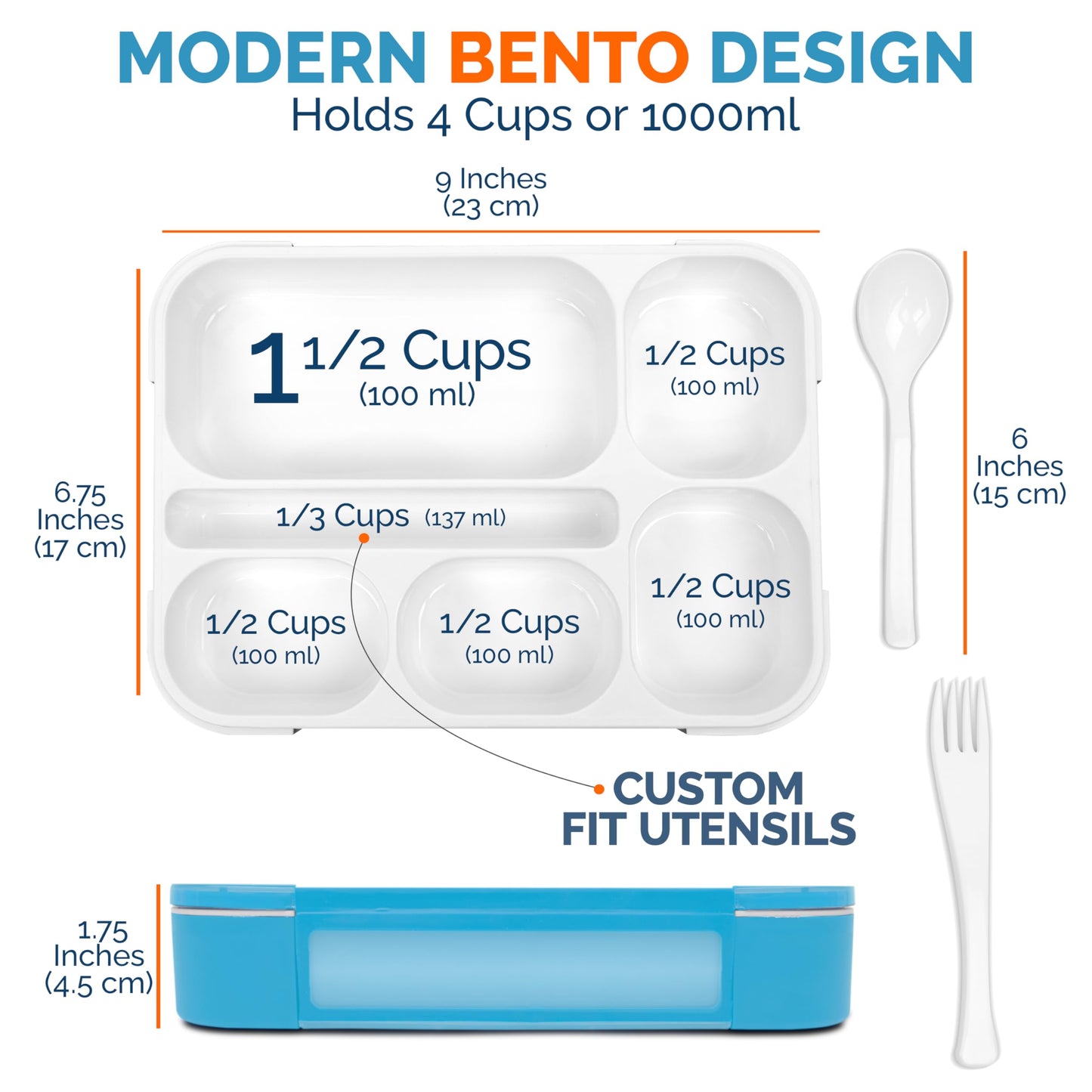 Bento Box Lunch-Box for Kids Adults, Snackle Box Snack Containers for Toddlers Daycare, Leakproof School Bentobox, 6 Section Meal Container for Boys Girls Women Lunches, BPA Free Utensils, Blue