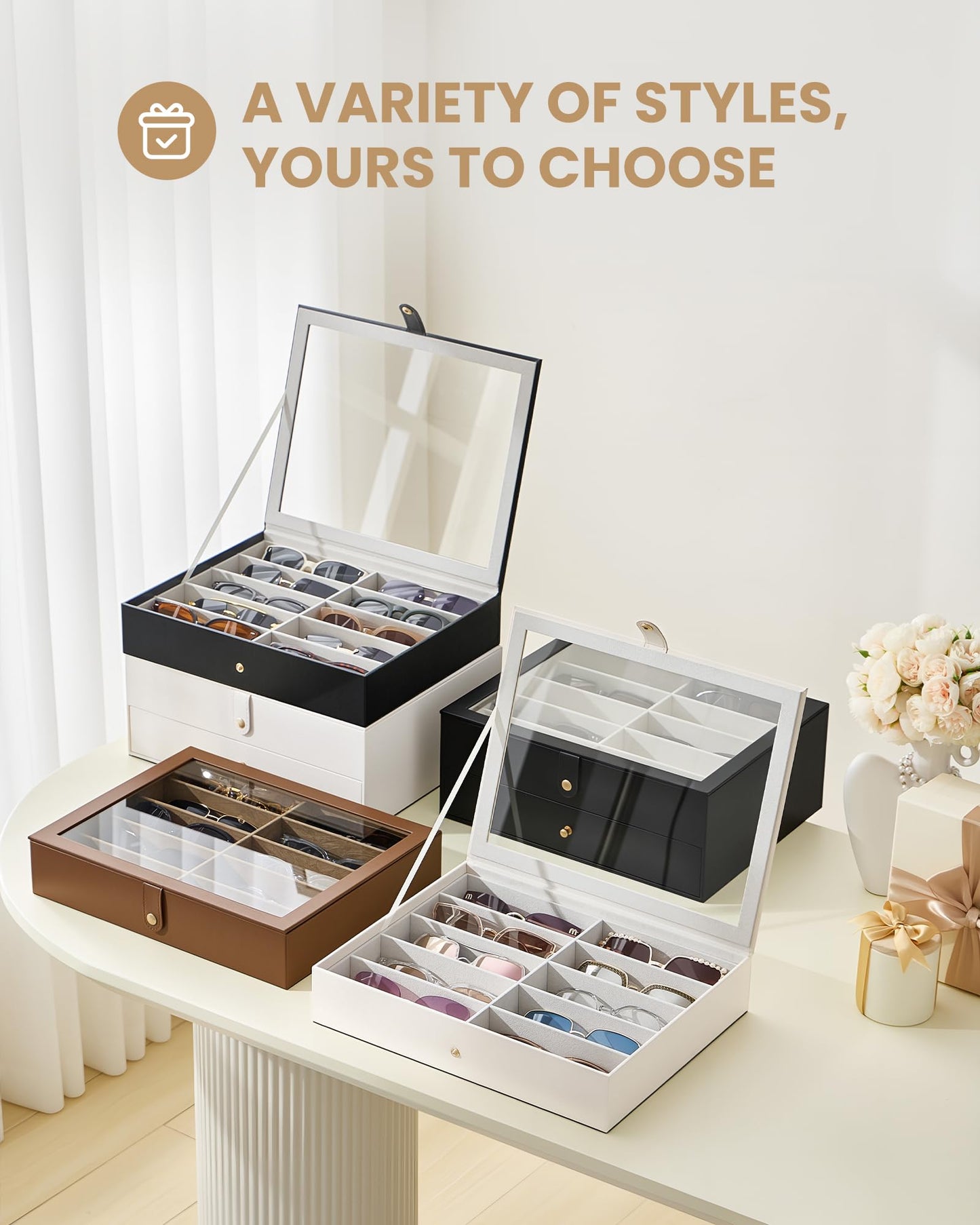 Lolalet 10 Slots Sunglasses Organizer Box, Eyeglasses Eyewear Display Case for Multiple Pairs of Glasses Collection Holder for Men Women, Mothers Day Gifts -1 Layer, Beige