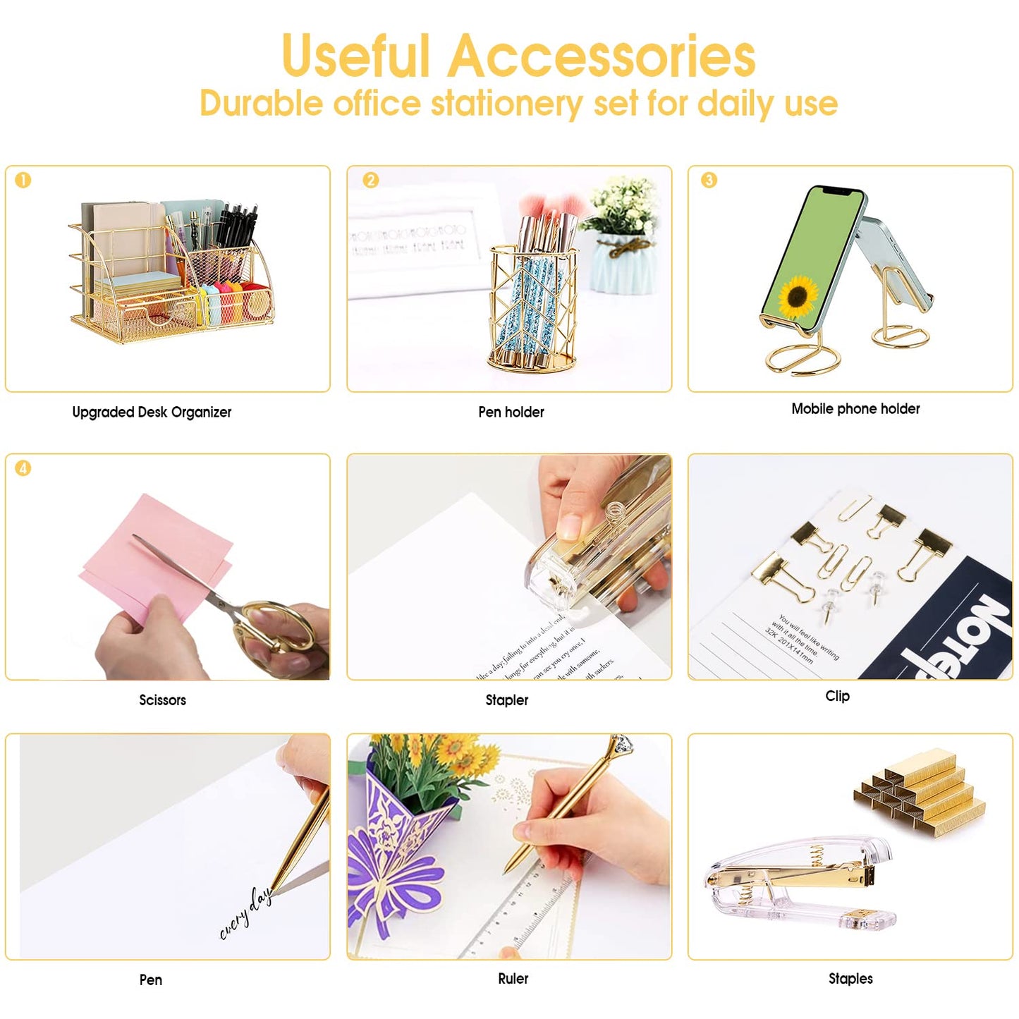 KAAKOW Gold Desk Organizers and Accessories Office Supplies Set Stapler, Pen Holder, Phone Holder, Scissors, Pen, Ruler, 30 Paper Clips, 22 Binder Clip, 20 Tacks and 1000pcs Staples (Gold)
