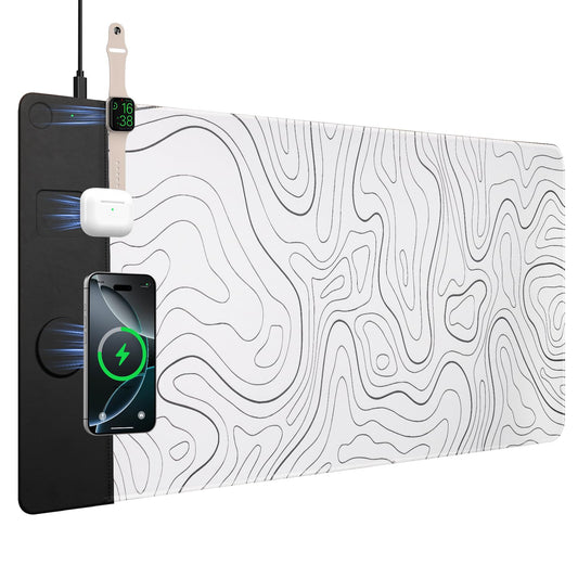 VOVIPO 3 in 1 Wireless Charging Mouse Pad, Desk Mat with Wireless Charger Multiple Devices Compitable with Watch/iPhone, White Topographic Large Desk Mat(90 x 40cm) for MacBook, PC, Laptop