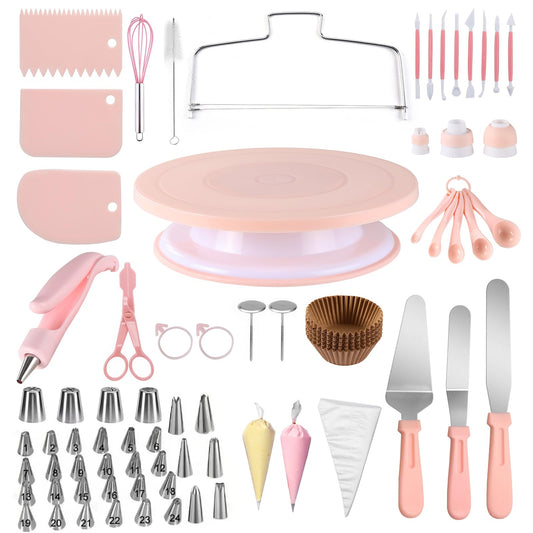 FGASIDYO 207PCS Cake Decorating Kit Includes Revolving cake turntable for decorating, Icing Bags and Tips Set, 3 Spatulas, 3 Cake Scraper, 100 Piping Bags, frosting piping kit,and 3 Coupler for Baking
