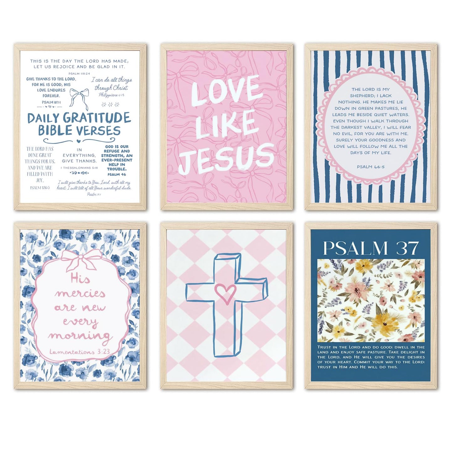 Pink Blue Christian Wall Art Set of 6, Preppy Bow Bible Verse Canvas Posters, Floral Scripture Wall Decor Pictures Jesus Religious Painting Trendy Prints for Girls Bedroom Dorm 8x10in Unframed