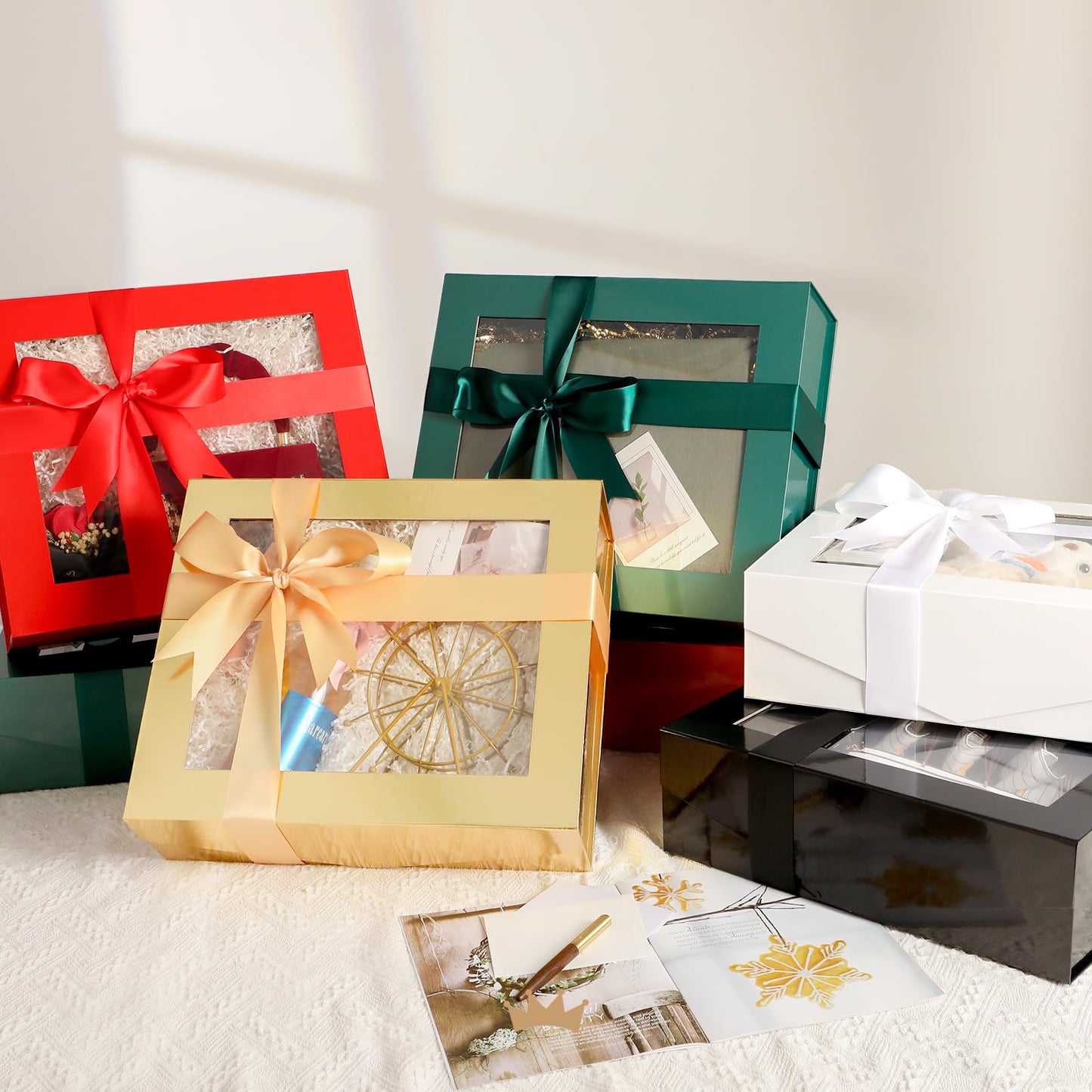 PACKQUEEN Extra Large White Gift Box with Window, 16.3x14.2x5 Inches Clear Gift Box for Present Contains Ribbon, Card, Bridesmaid Proposal Box with Lid (Glossy White)