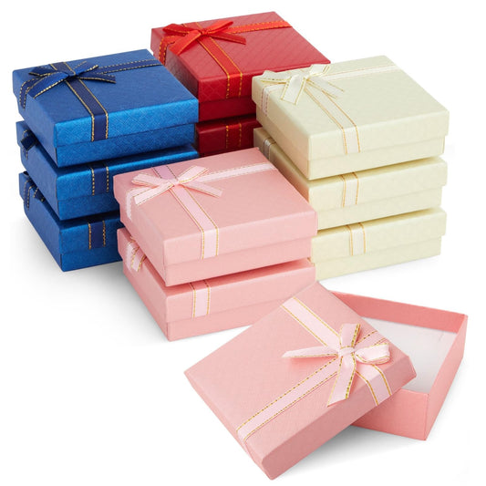Bright Creations Cardboard Jewelry Gift Box Set - Bulk Gift Boxes with Lids & Ribbon Bows - Packaging for Rings & Necklaces - Earring Case & Bracelet Cases - Pack of 12, 3.5 x 3.5 x 1 in, 4 Colors