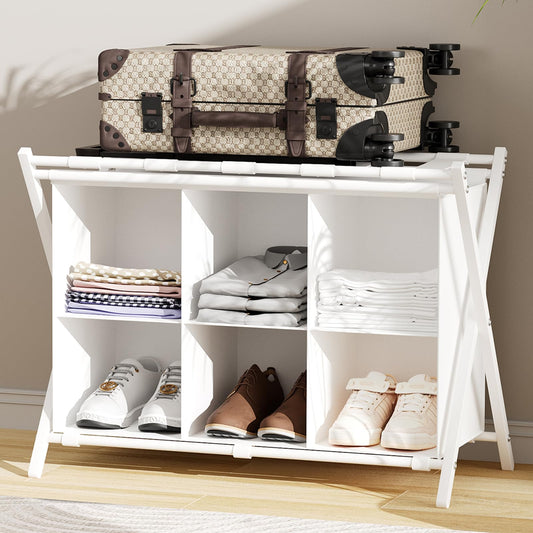 Huhote Luggage Rack for Guest Room, Folding Suitcase Stand with 6-Cube Fabric Storage Shelf, Luggage Holder, Steel Foldable Luggage Stand for Guest Room, Bedroom, Hotel, White
