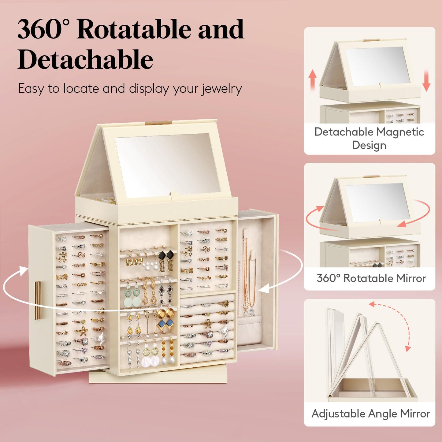Lifewit 360° Rotating Jewelry Box, Top Magnetic Box wth Mirror, 2 Sides Plus 2 Large Drawers, Jewelry Organizer and Storage Case for Ring Necklace Earring Bracelet, Gift Idea, Creamy White