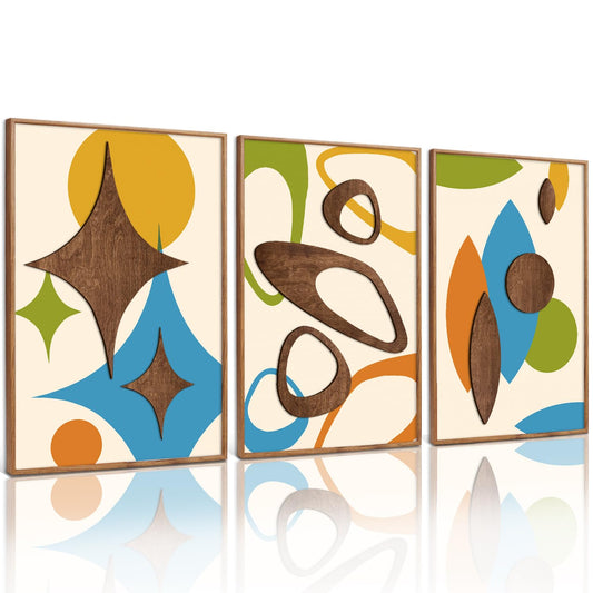 TOARTi 3PCS Framed 3D Mid Century Modern Wall Art Set(16x24inches), Vintage Abstract Geometric Modern Wall Decor, Boho Minimalist Illustration Artwork for Bedroom Bathroom Living Room