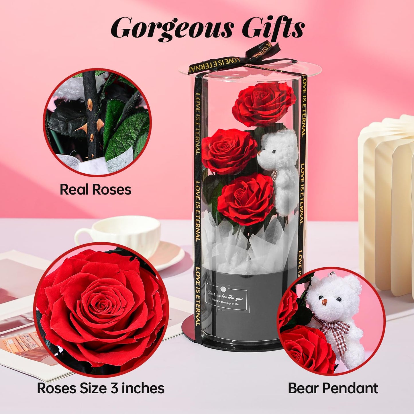 Amoueterno Flowers Forever Roses in A Box, 3 Real Roses with Stems and Bear, Eternal Rose Gifts for Her,Birthday Gifts for Women, Mom,Girlfriend,Grandma,Daughter,Red
