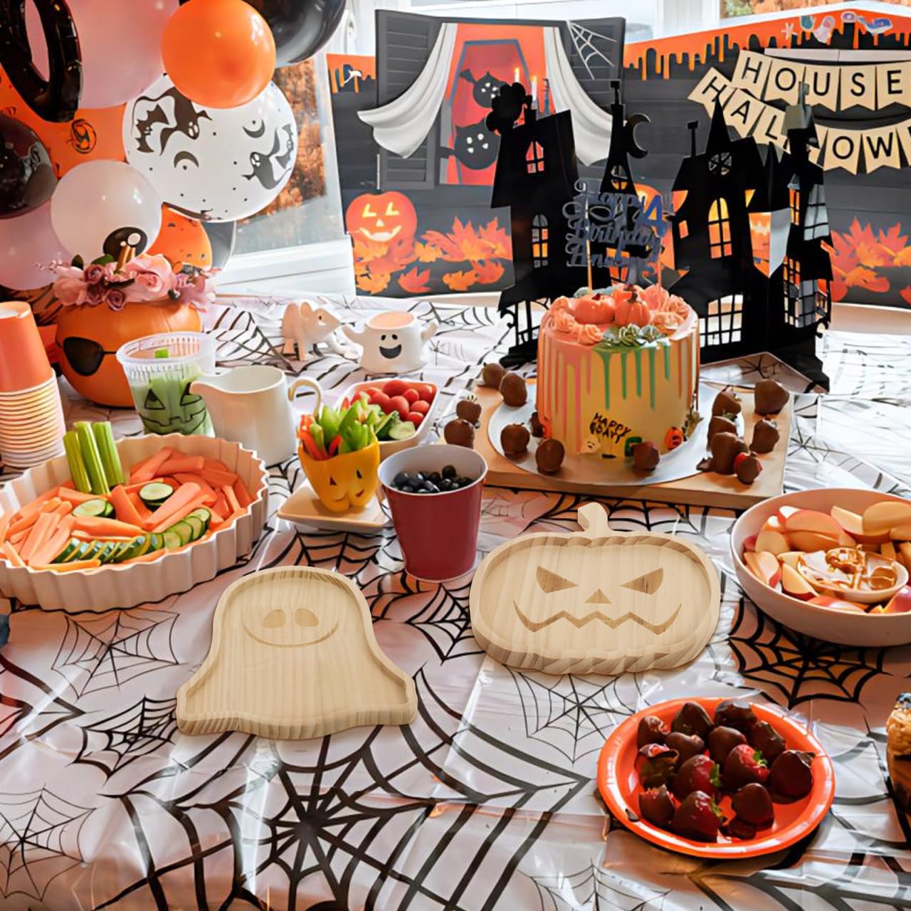 Garneck Halloween Wood Charcuterie Board, 2pcs Pumpkin and Ghost Food Plate Halloween Wood Serving Tray Cheese Platter Tray Appetizer Boards for Holiday Home Party Table Centerpiece Decoration, 7" W