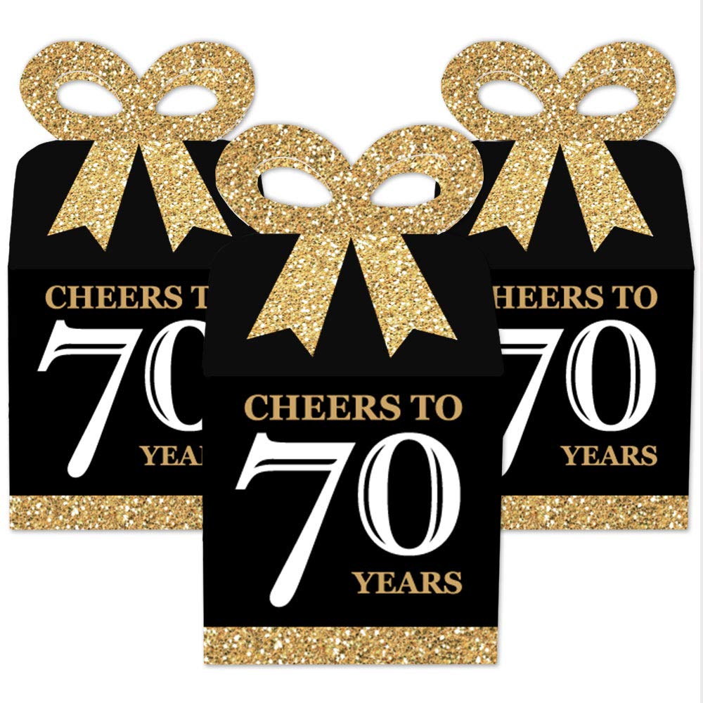 Big Dot of Happiness 70th Birthday Party Favor Gift Boxes - Elegant Gold Square Design with 3D Bow Top - Premium Cardstock Party Supplies for Milestone Celebration, Bow Boxes, Set of 12 Decorative Boxes - 70 Years
