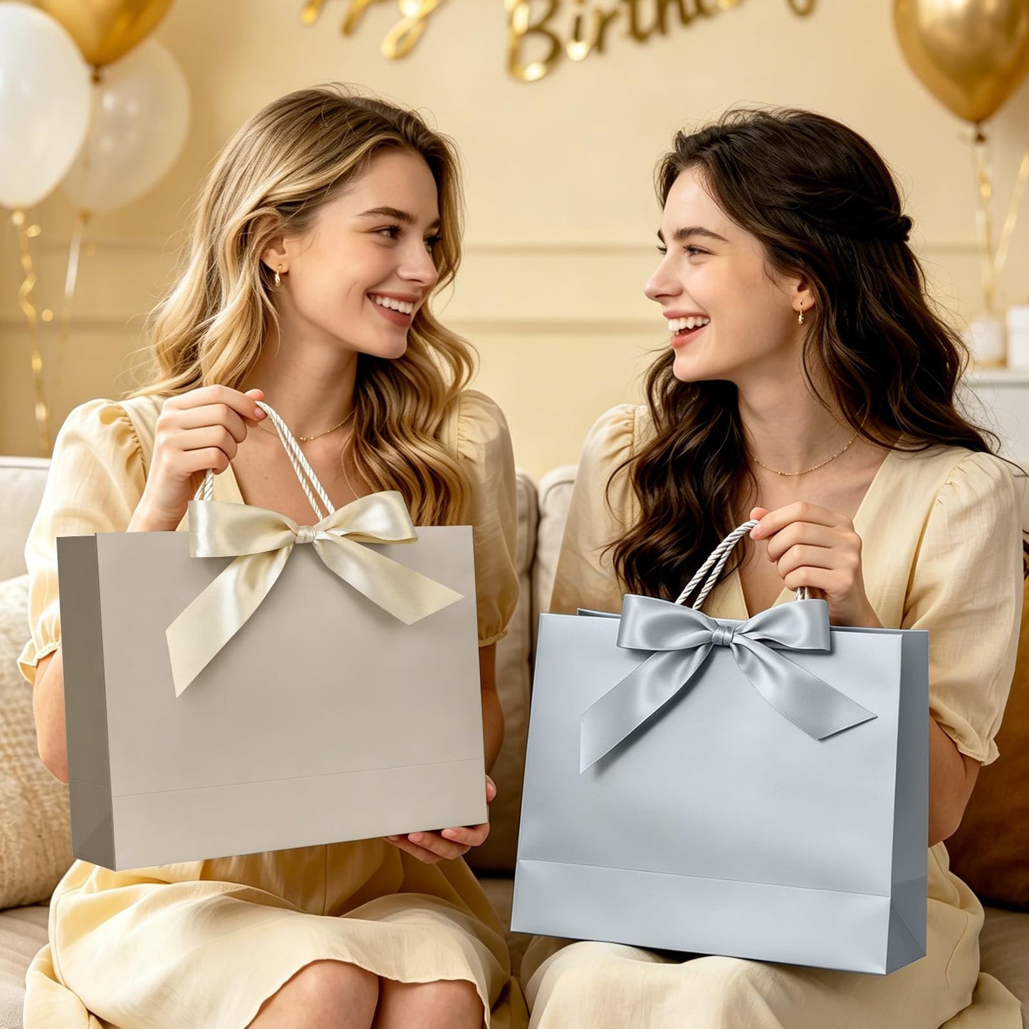 JMANNI Gift Bags with Handles, 13” Medium Gift Bag for Presents, 1 Pcs Bags with 2 Tissue Paper and 1 Cards for Baby Shower Wedding Bridal Shower Mother's Day Birthday Party（champagne gold）