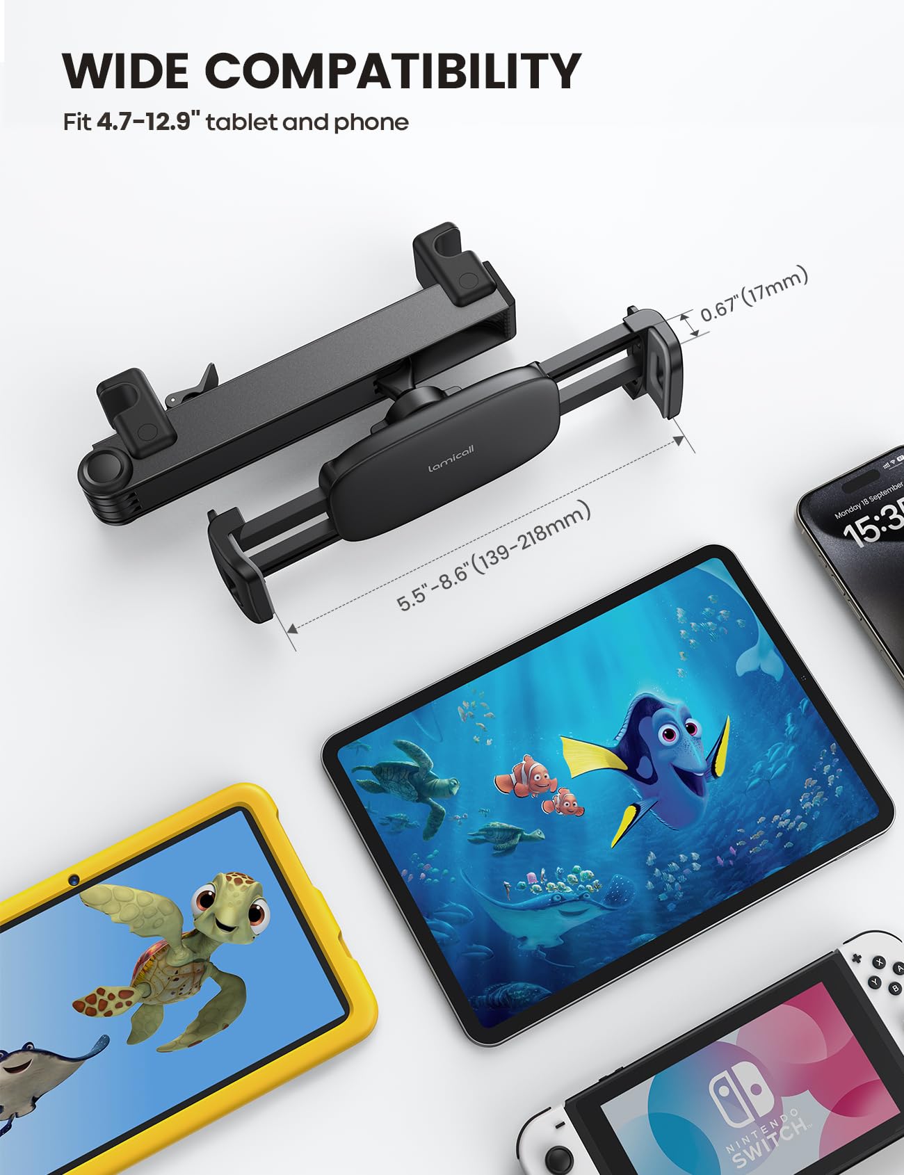 Lamicall Car Headrest Tablet Holder - [Lockable] [3 in 1 Extension Arm] Upgrade Tablet Mount for Car Backseat, Gifts Road Trip Essentials for Kids, for iPad Pro, Fire HD, 4.7-13" Tablets, Mother's Day