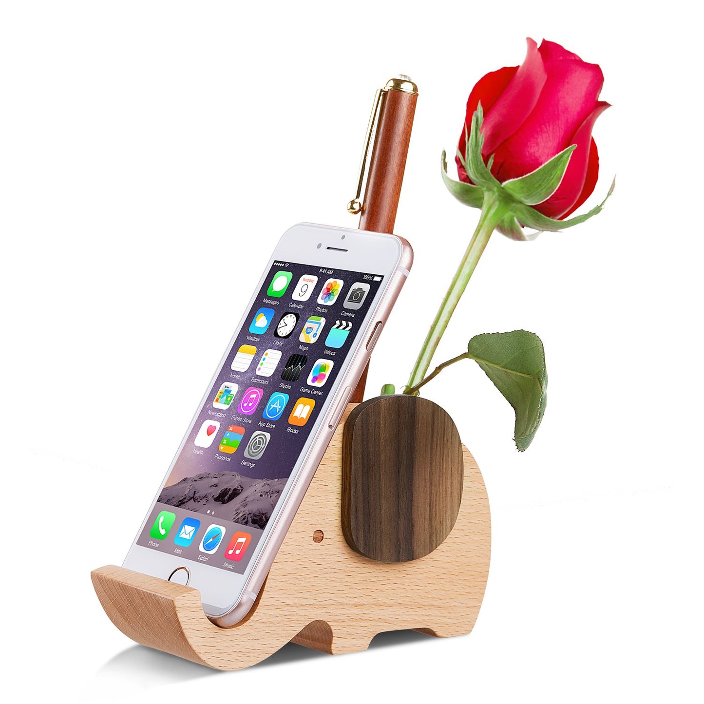 AhfuLife Elephant Pen Pencil Holder with Phone Stand, Wooden Elephant Shaped Desk Organizer Decor for Christmas Gift, Cute Desk Accessories Home Office Decoration for Women