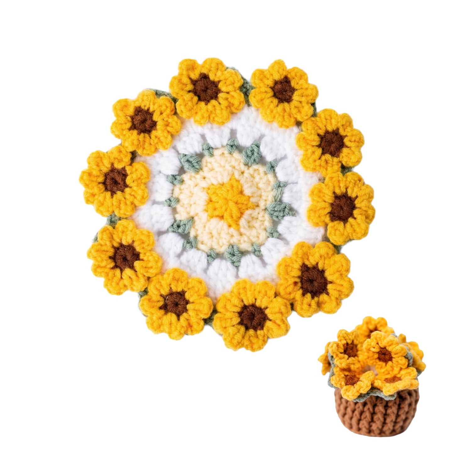 Handmade Crocheted Floral Coasters, Crocheted Bouquet Blankets Paired with Mini Crocheted Flower Pots—Perfect for Floral Decorations in Offices, Homes, and Cars (Sunflower)