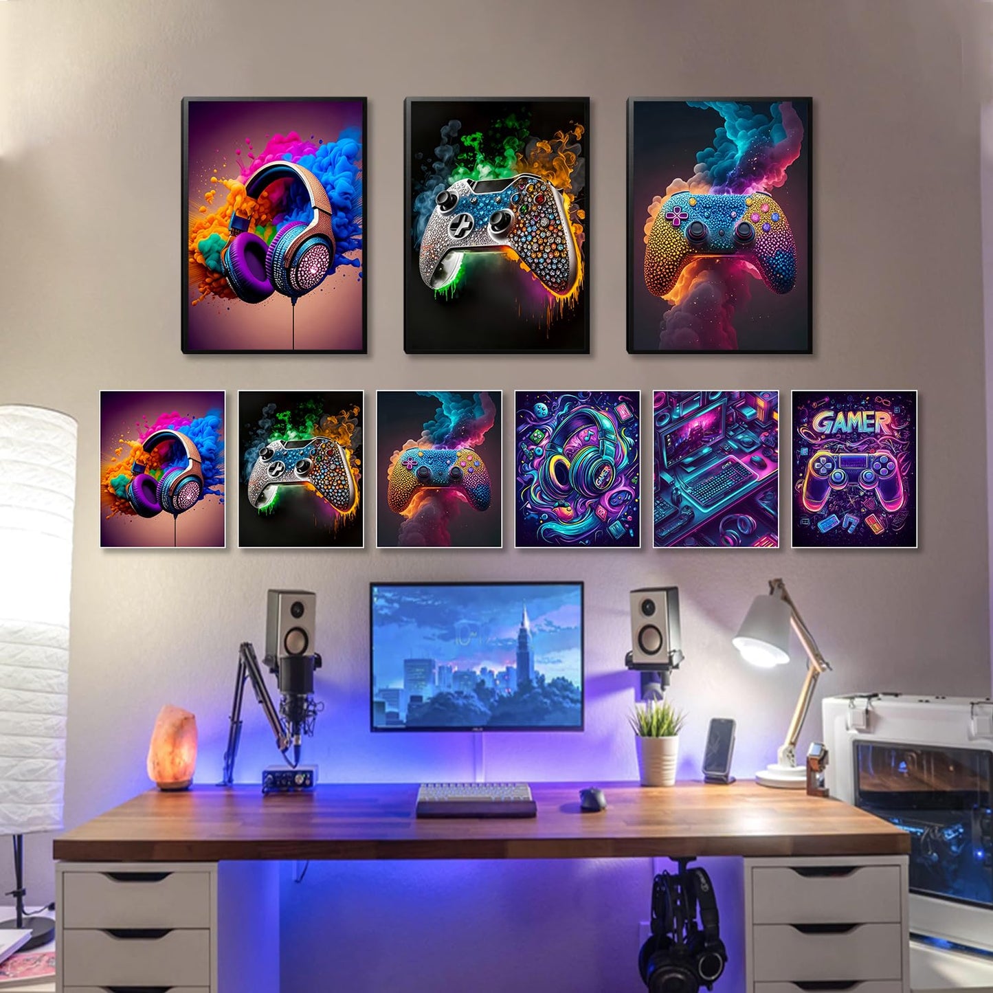 SEHSUVC Game Room Canvas Wall Art, 16x12inch 3-Piece set Wood Framed + 6 Pcs 8×10 Posters Prints, Neon Gaming Accessories Theme Gamer Wall Decor Gifts for Boys Youth Children Bedroom Home Decor