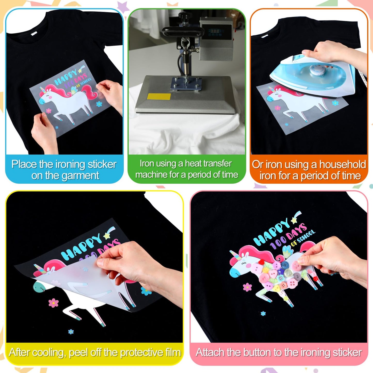 Suncalla 12 Sets DIY 100th Day of School Iron on Decals Craft Kit with Patches Buttons Machine Ice Cream Caterpillar T Shirt Dot Stickers for Kids DIY Art School Party Activity Creative Supplies