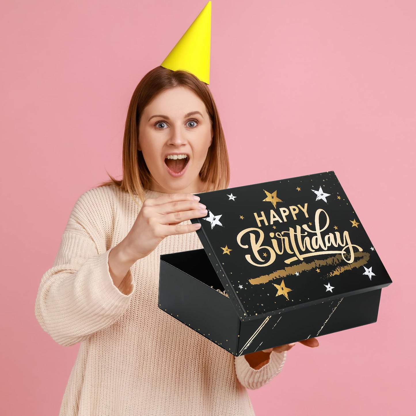 Ctosree Black Happy Birthday Gift Box with Lid for Presents, 13.5 x 10 x 4 Inch Gold Black Large Luxury Star Foldable Cardboard Box for Gift Packing, Contains Card, Envelope, Ribbon, Raffia Grass