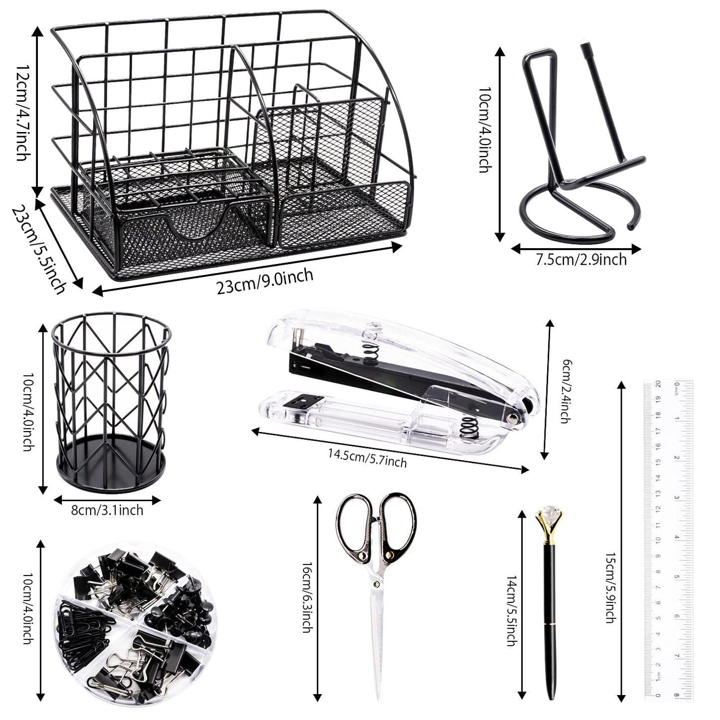 KAAKOW Black Desk Organizers and Accessories Office Supplies Set Stapler, Pen Holder, Phone Holder, Scissors, Pen, Ruler, 30 Paper Clips, 22 Binder Clip, 20 Tacks and 1000pcs Staples
