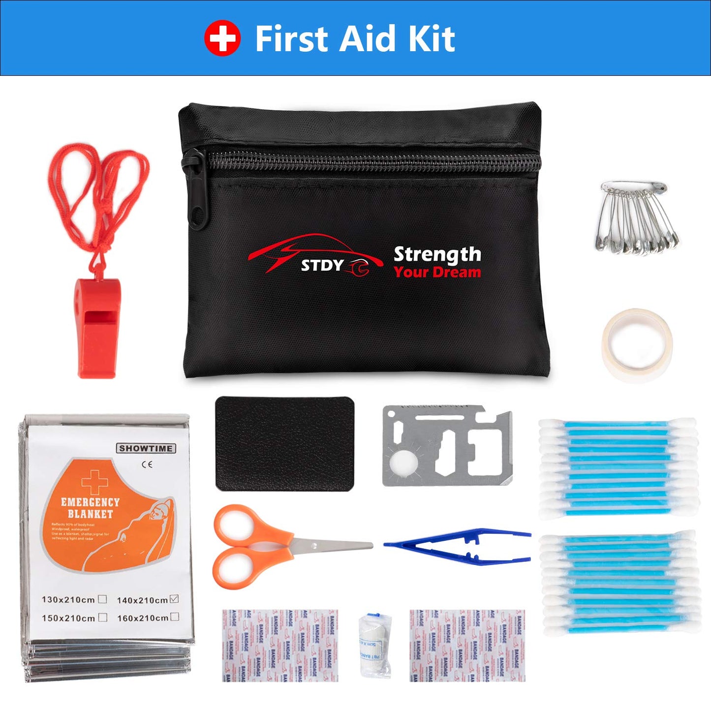 STDY Car Roadside Emergency Kit, Vehicle Truck Safety Road Side Assistance Kits Auto Accessory, with Jumper Cables, Tow Rope, Reflective Triangle, Tire Pressure Gauge, etc