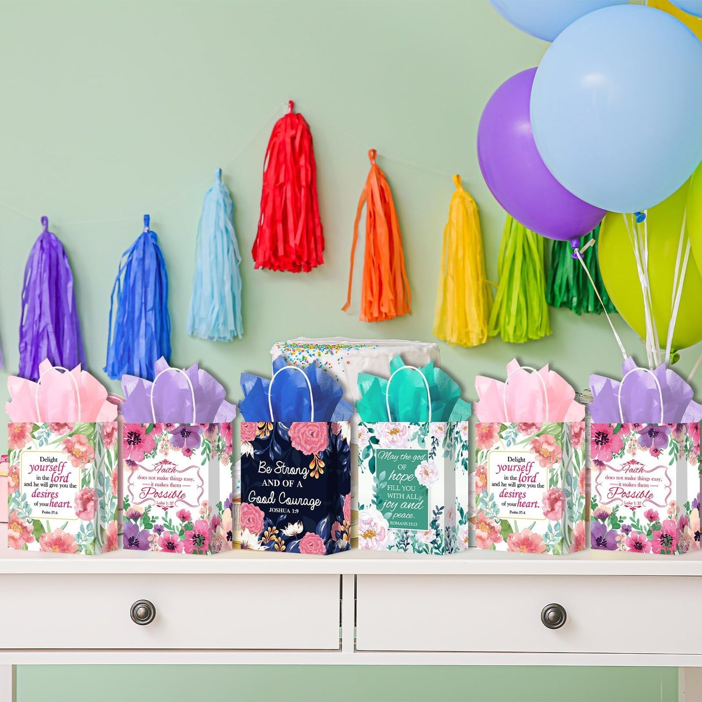 24 Pcs Religious Gift Bags Bible Gift Paper Bags with 24 Tissues Bible Verse Paper Bags with Handles Inspirational Flower Christian Gift Bags Bulk for Women Birthday Wedding Baptism Spring Party Favor