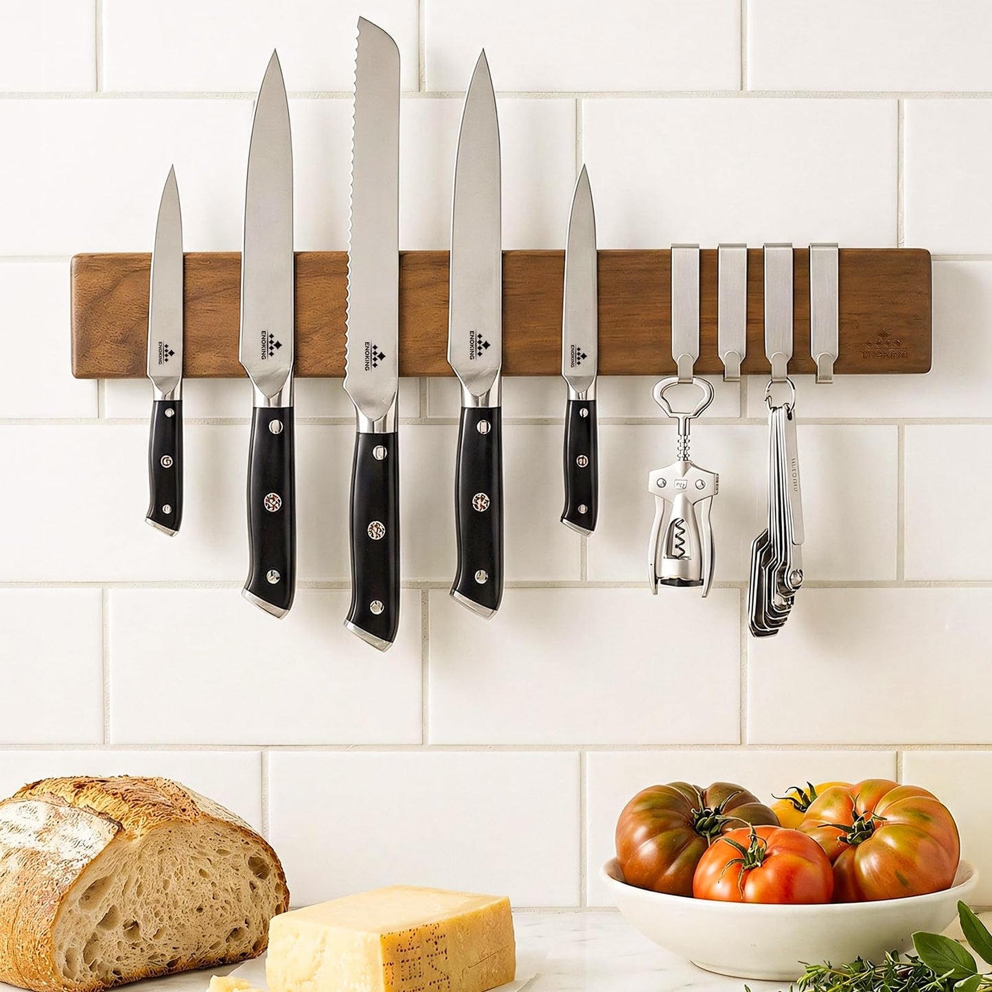 ENOKING 16 Inch Magnetic Knife Holder for Wall - Acacia Wood Knife Strip with Gold-Stamping Magnetic Gift Box - Powerful Knife Bar with 4 Hooks, No Drilling or Screw Mount
