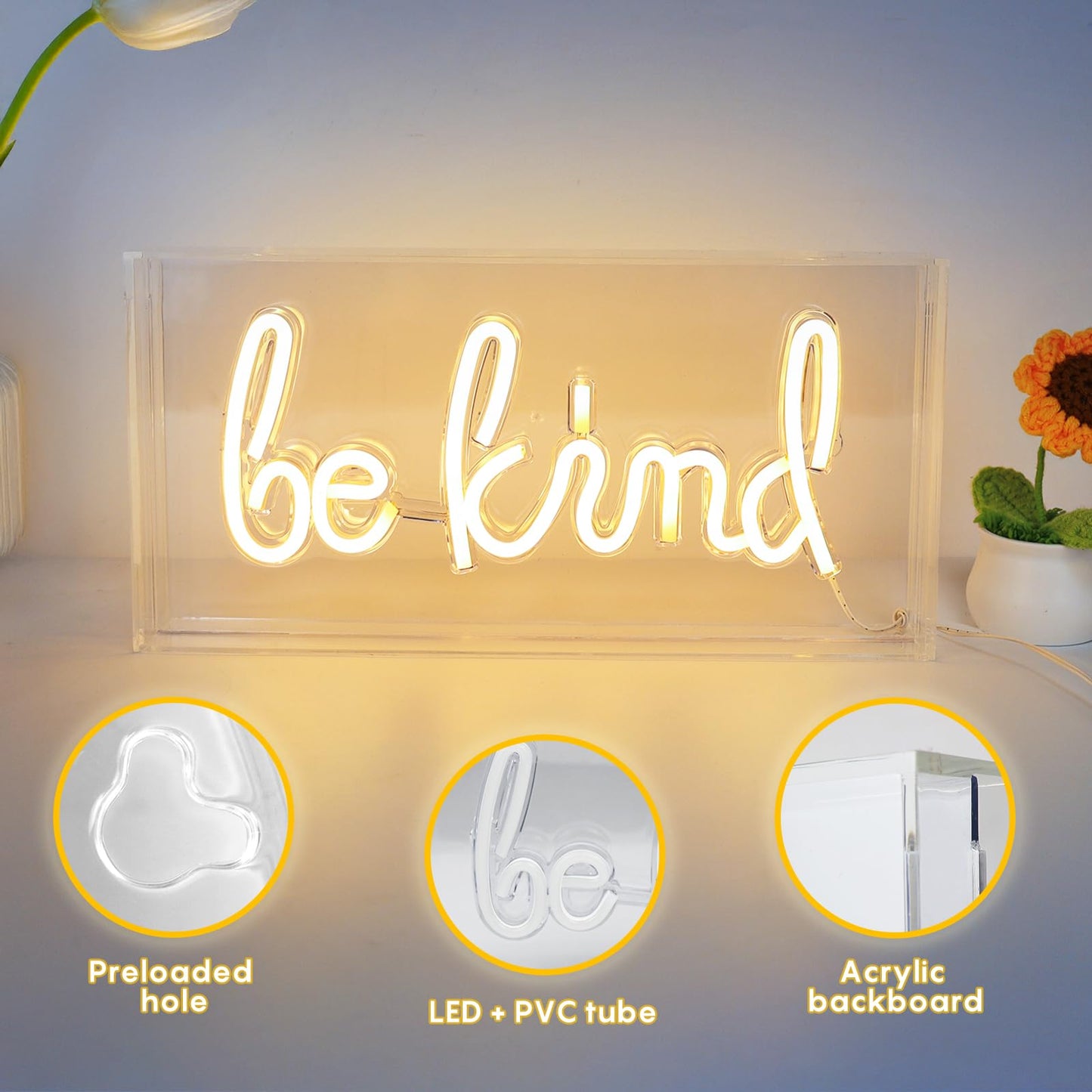 Be Kind Neon Sign, USB Powered LED Neon Light Box with ON/OFF Switch, 3D Acrylic Tabletop and Wall Decor for Girls Room, Bedroom, Classroom, Dorm, Home Office, Shelf, Christmas Birthday Gift (Warm White)