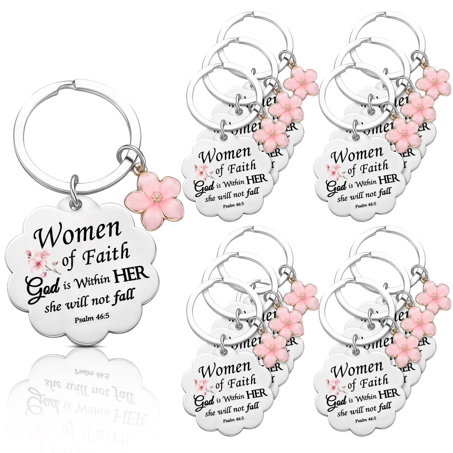 Cunno Christian Gifts for Mother's Day Women Church Religious Keychain Bulk Scalloped with Enamel Sakura Woman of Faith(24 Pcs)