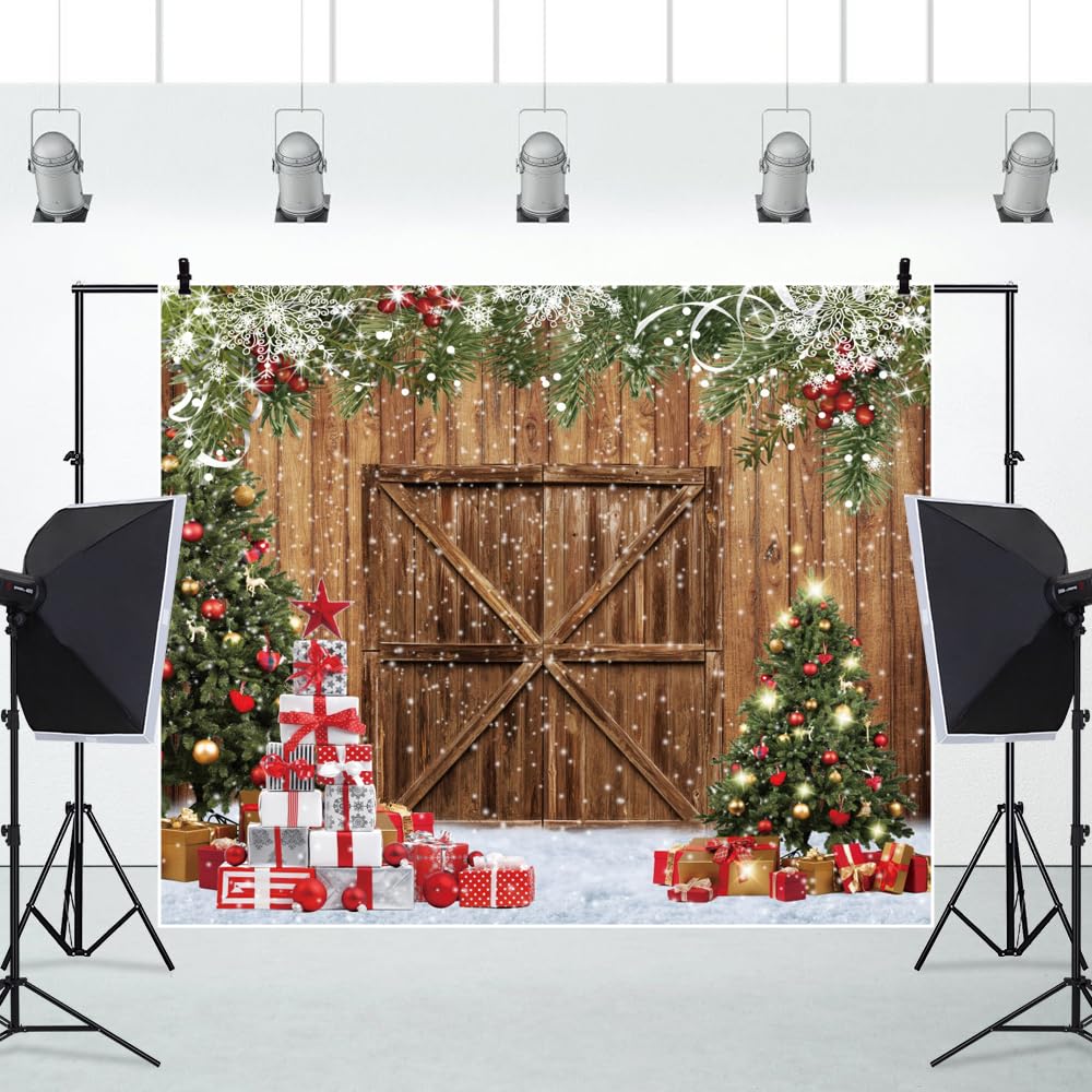 Merry Christmas Backdrop 10x10ft Xmas Tree Wood Barn Door Photography Backdrop Christmas Tree Wreath Gift Box Xmas Light Photoshoot Background New Year Xmas Party Decorations Backdrop Banner Supplies
