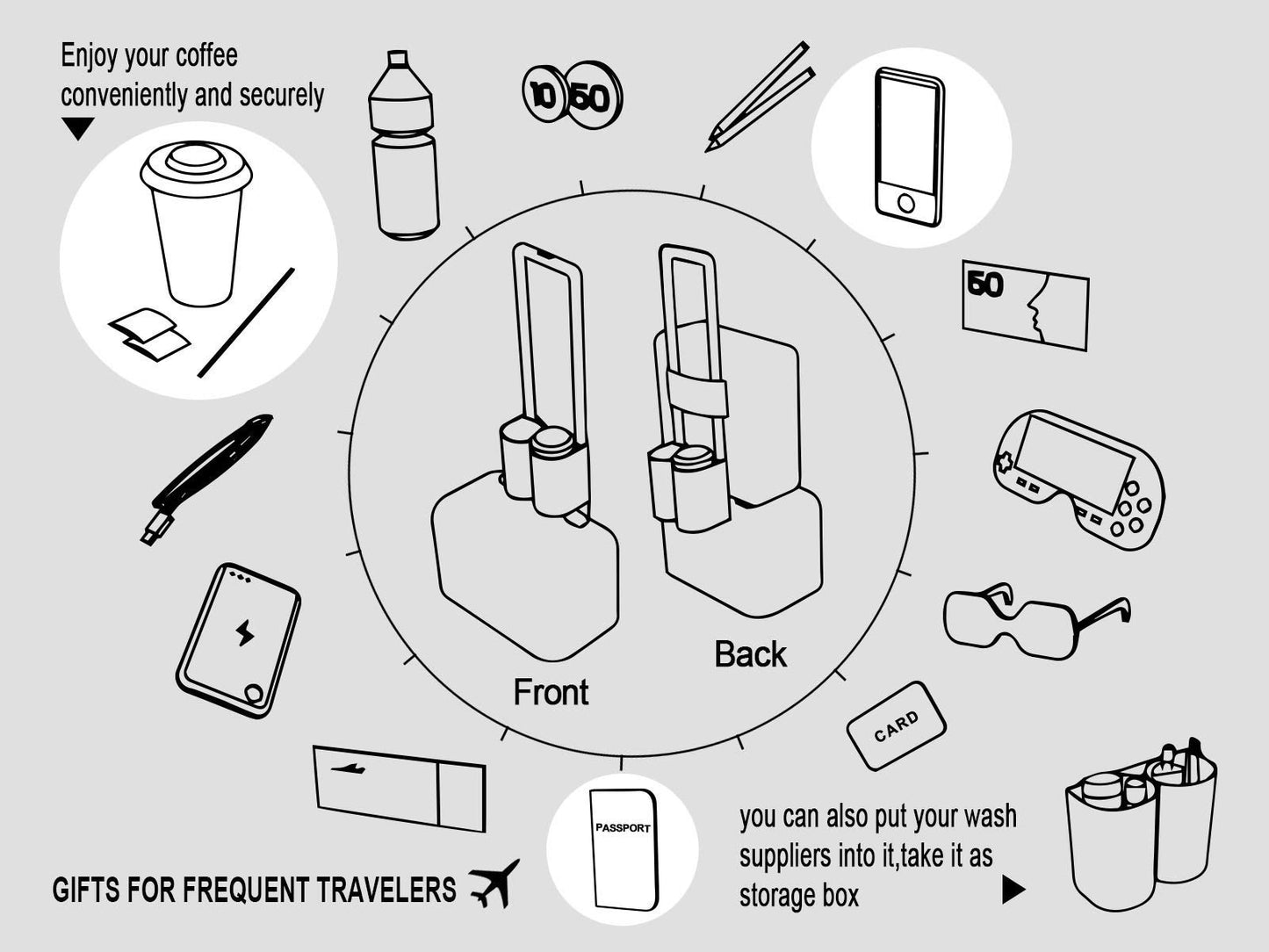 riemot Luggage Travel Cup Tablet Holder - Hold Books Passports Tickets Water Bottles - Fits Roll on Suitcase Handles - Gifts for Flight Attendants Travelers Accessories Grey