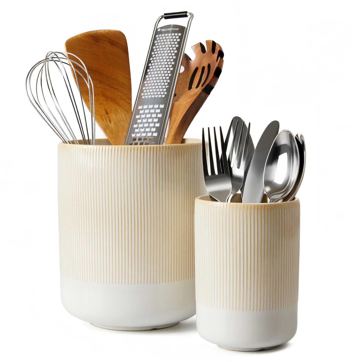 Pokini Utensil Holder, 7.3"+5.3" Ceramic Cooking Utensil Holder for Kitchen Counter, Kitchen Utensil Holder for Countertop, Farmhouse Heavy Large Utensil Crock Organizer for Spatulas, Spoons, Beige