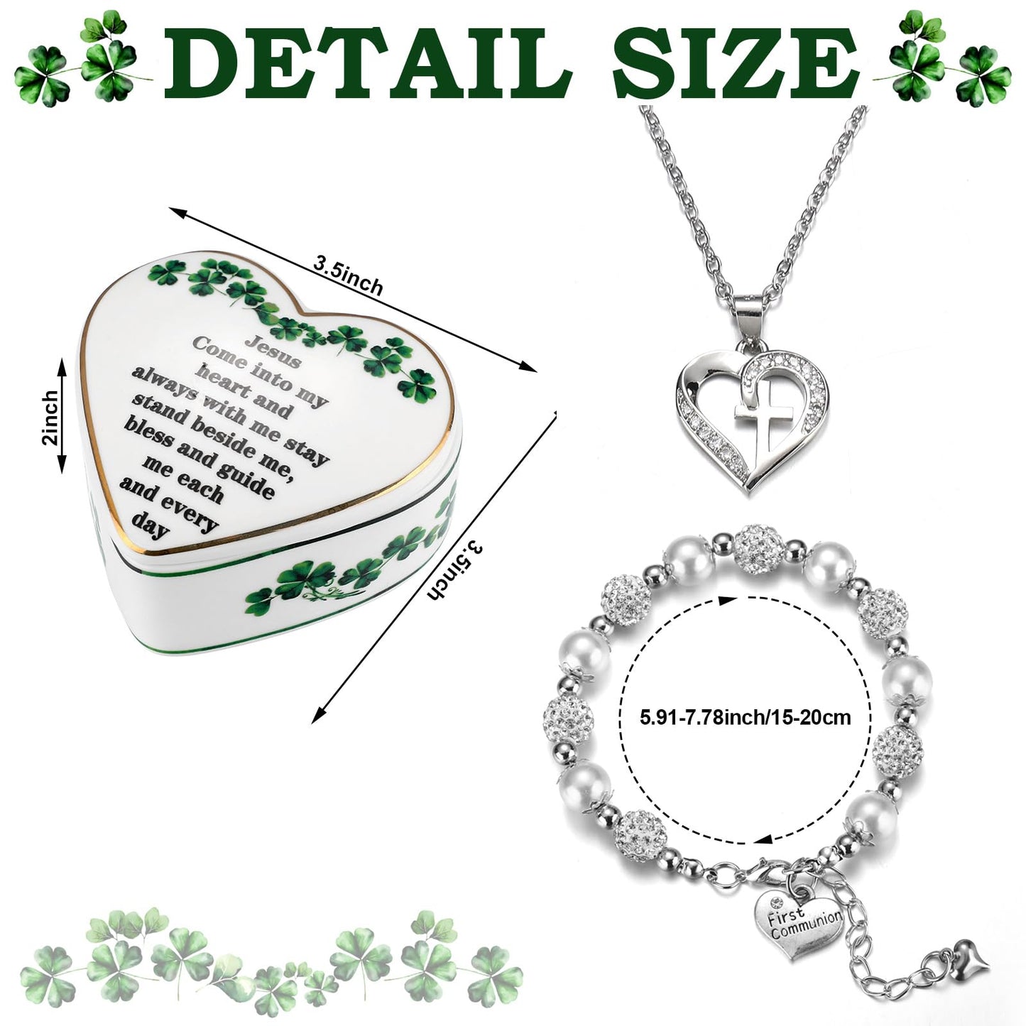 FoldTier 3 Pcs First Communion Gifts Cross Necklace First Communion Bracelet Irish Shamrock Jewelry Keepsake Box Precious Baptism Christening Gifts