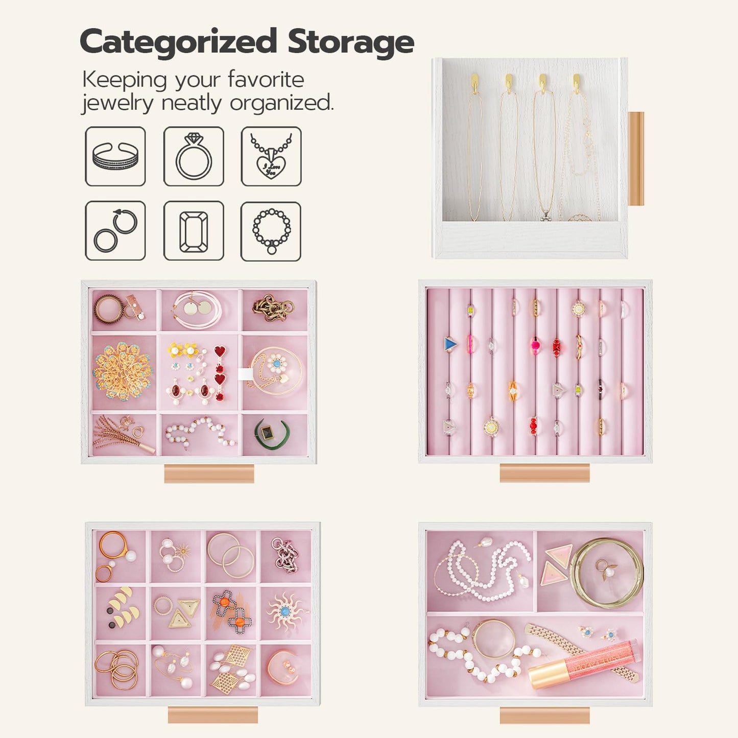 HOOBRO Jewelry Box for Women, Wooden Jewelry Organizer with Transparent Window, 4-Layer Jewelry Organizer Box, Jewelry Holder Organizer for Earrings, Necklaces, Rings, White and Gold WD09JB04