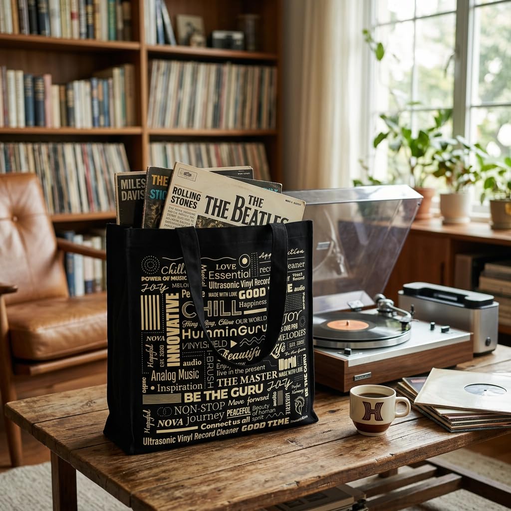 HumminGuru Heavy-Duty Vinyl Record Tote Bag | 16oz Premium Cotton Canvas LP Carrier | Holds 30+ Albums, 17” Laptop & Accessories | Ergonomic Shoulder Strap for Digging & Travel