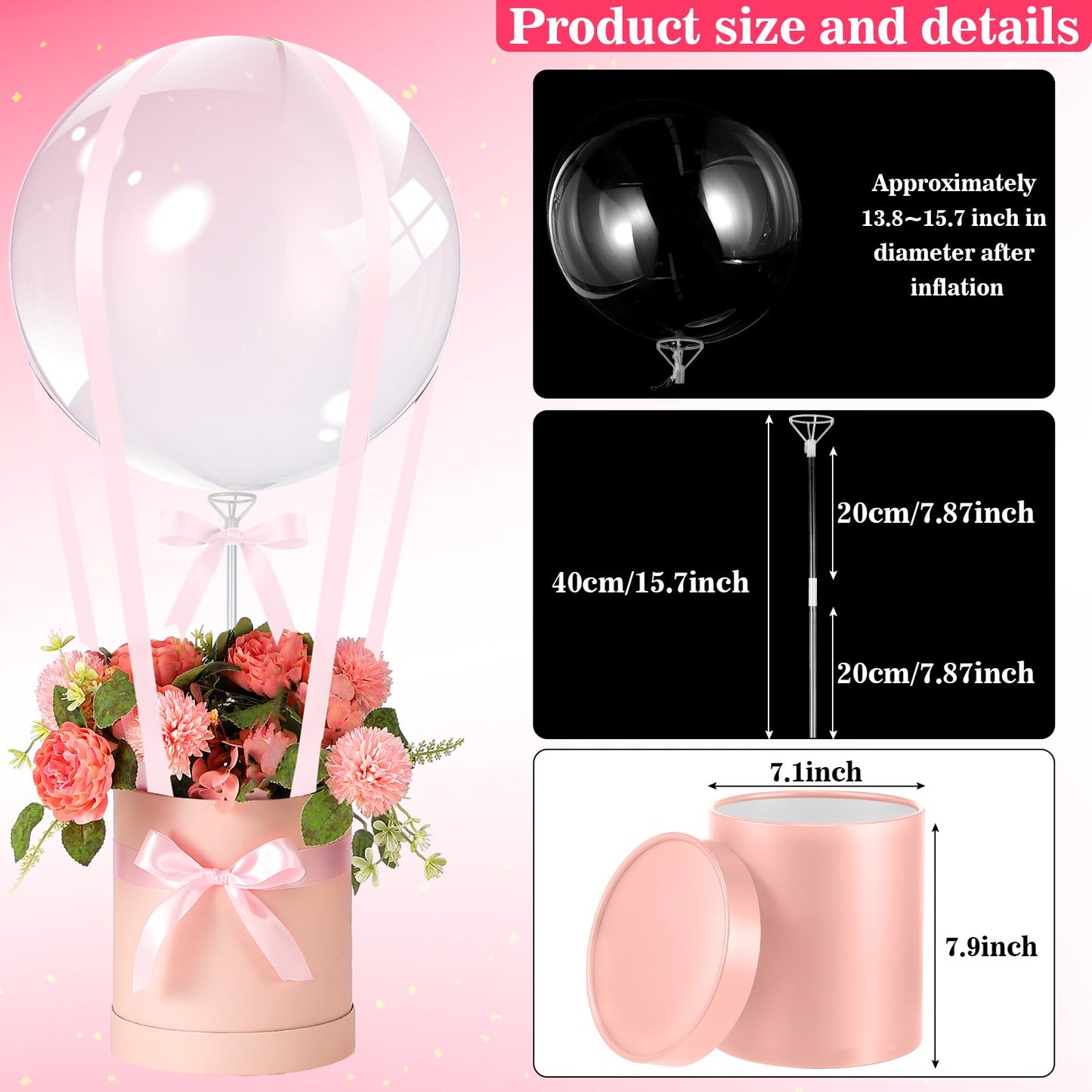 Soulchen DIY Hot Air Balloon Christmas Surprise Gift Box with 20'' Bubble Bobo Balloon Ribbon and Floral Clay for Christmas Wedding Bridesmaids Birthday Anniversary Baby Shower Party Decoration(Pink)