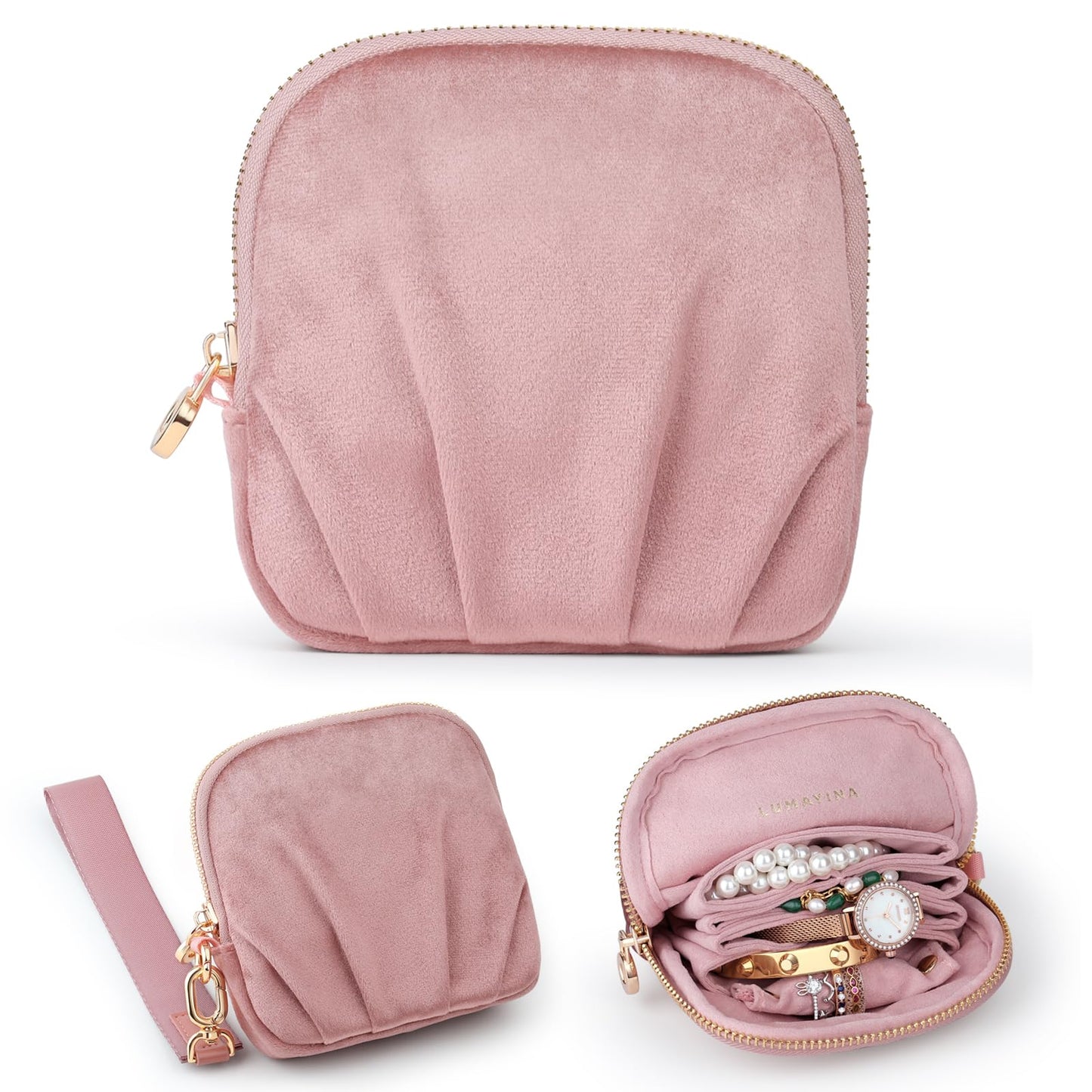 Lumayina Velvet Travel Jewelry Pouch, 2-in-1 Clamshell Case with Detachable Insert, Portable Travel Jewelry Organizer with Wrist Strap, Converts to Mini Coin Purse, Gift for Women & Girls (Dusty Pink)