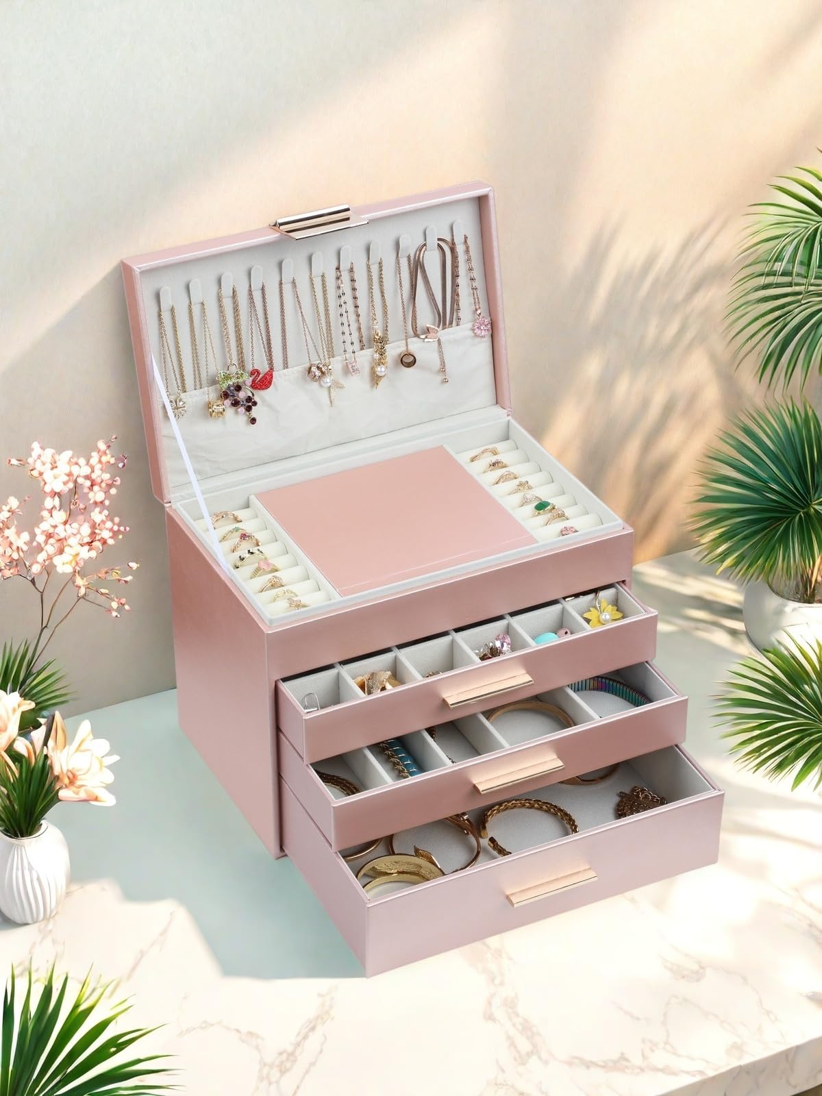 BOOVO Jewelry Boxes for Women, 5 Layer Jewelry Organizer with Necklace Hanger and Drawers, Large Jewelry Box for Earrings, Necklace and Bracelet Storage Gifts for Women and Girls (Rose Gold, 5 Layer)