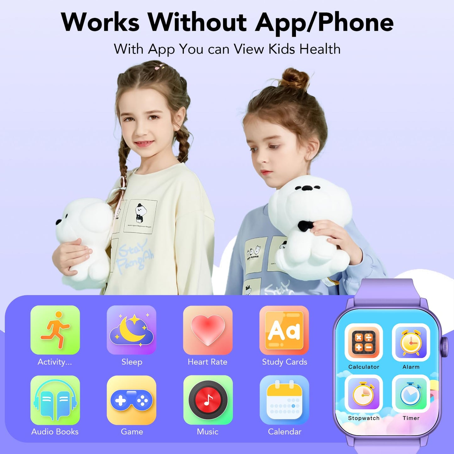 taopodo Kids Smart Watch with HD Touch Screen, IP68 Waterproof, Smart Watch for Kids with Puzzle Games, Step Counter, Heart Rate, Sleep Monitor, Flashlight, Music Player,Gift for Girls 8-12 (Purple)