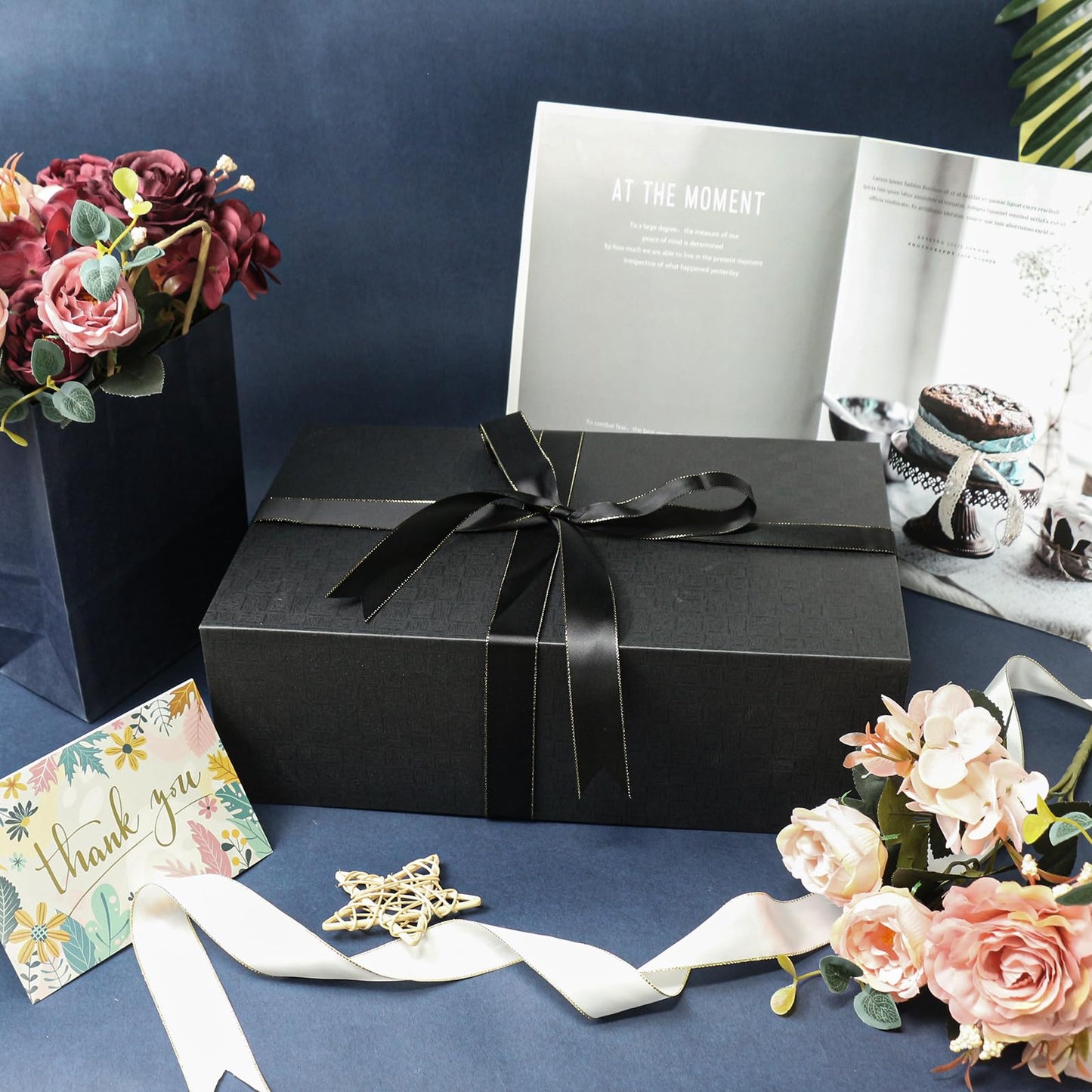 YINUOYOUJIA Large Black Gift Box14x9x4.5 inches,Gift Boxes with Magnetic Closure Lid,Ribbon and Card,Present Box for Birthady Valentine's Day Mother's Day Christmas,Anniversary