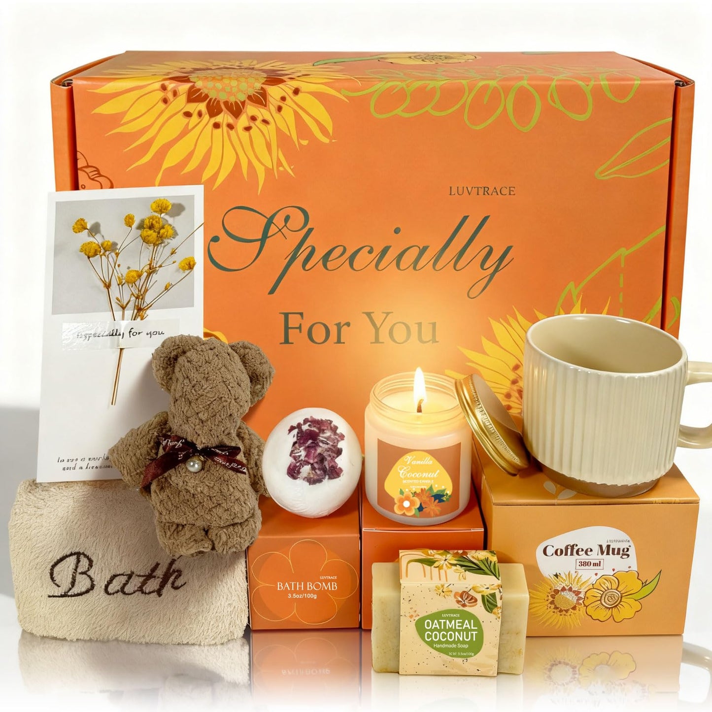 LUVTRACE Self Care Giftst for Women Spa Gift Baske Box with Blanket, Candle, Bath Salt & Tumbler — Birthday, Get Well Soon, Thinking of You, Christmas Gifts (Orange)