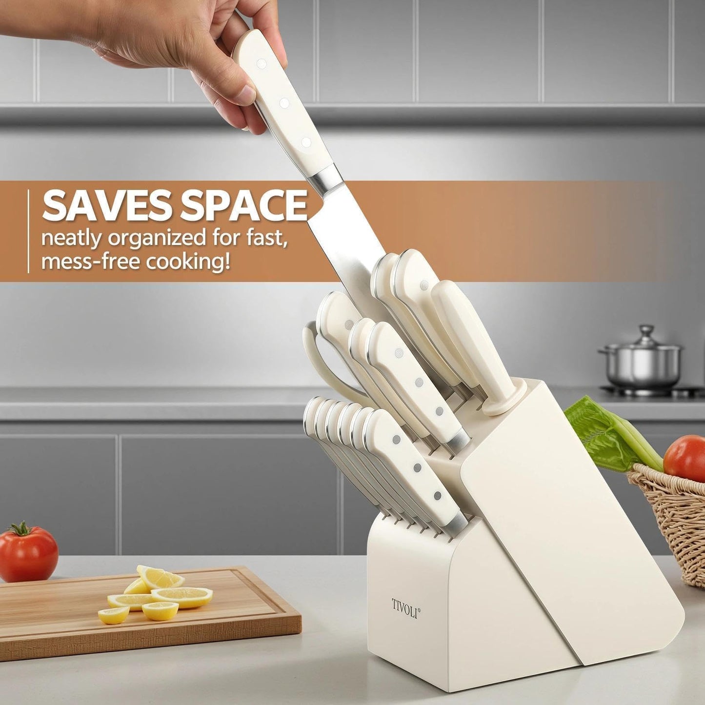 TIVOLI 15 Pieces Knife Set with Block, Forged, High Carbon Stainless Steel Sharp Blade Kitchen Knife Block Set with Ergonomic Wood Handle, Dishwasher Safe Cutlery, Gifts For Cooks, Cream White