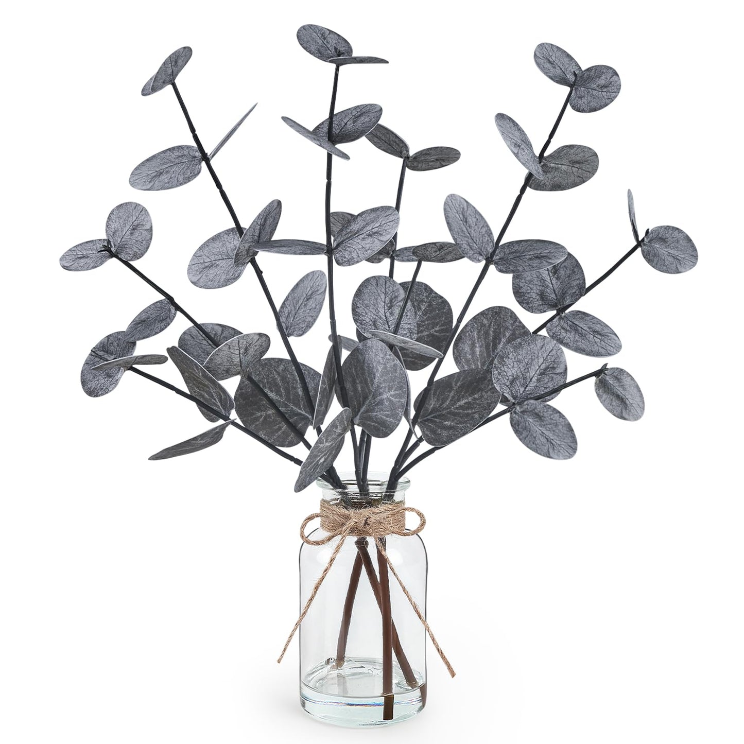 Artificial Eucalyptus Stems in Glass Vase with Faux Water Halloween Decor, 14” Fake Plants for Home Decor Table Centerpieces Office Bathroom Faux Plants Indoor Black Decorations