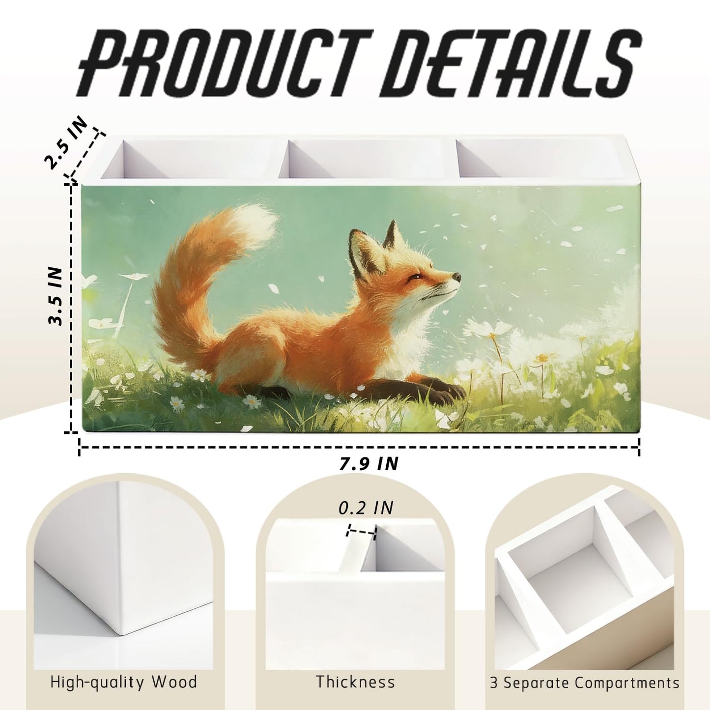 SkyCozy Fox Pen Pencil Holder for Desk, Fox Gifts for Women Men, Animal Lovers Gifts, Rustic Wildflower Wild Animal Wooden Box Sign Decorations for Kids Room Bedroom Home Office Desk Tabletop