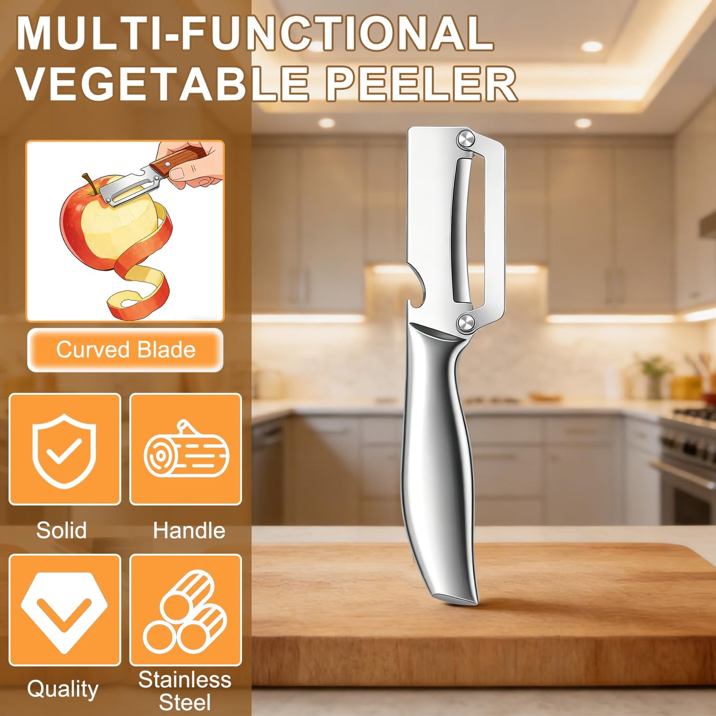 2Pc Multi-Functional Vegetable Peeler for Kitchen,2026 New Stainless Steel Peeler with Wooden Handle and Bottle Opener,2 in 1 Stainless Steel Kitchen Tool for Fruit Apple Potato Pumpkin Slicer(Sliver)