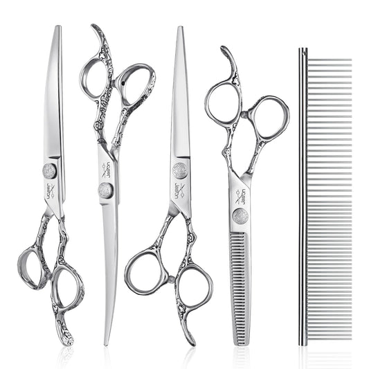 JASON Dog Grooming Scissors Kit, Professional 6 in 1 Dog Scissors Set - 6.5" Thinning, 7" Straight, 7" Up-Curved, 7" Down-curved Shears and Comb for Dog Cat Pet (Silver) Christmas Gift